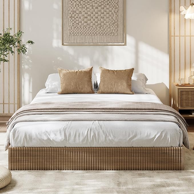Garvee Queen Bed Frame, Wood Platform Bed with Fluted Design, Low Profile BedFrame, Minimalist Bed Base with Noise-Free, Easy Assembly, No Box Spring Needed, Walnut