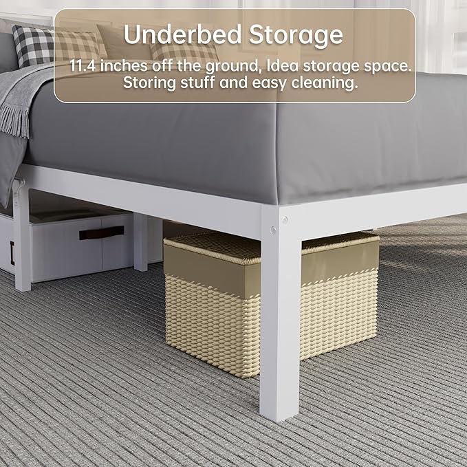14 Inch Bamboo Bed Frame – Solid Wood Platform Bed Frame, Strong and Stable, with Non-Slip Slats for Support, No Box Spring Needed, Easy to Assemble, Noise-Free (White, Twin with Headboard)