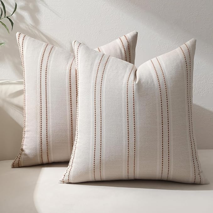 Hckot Fall Throw Pillow Covers 16x16 Set of 2 Striped Pillow Covers Textured Linen Decorative Pillows Square Cushion Covers for Sofa Couch Bed Living Room Farmhouse Decor(Caramel)