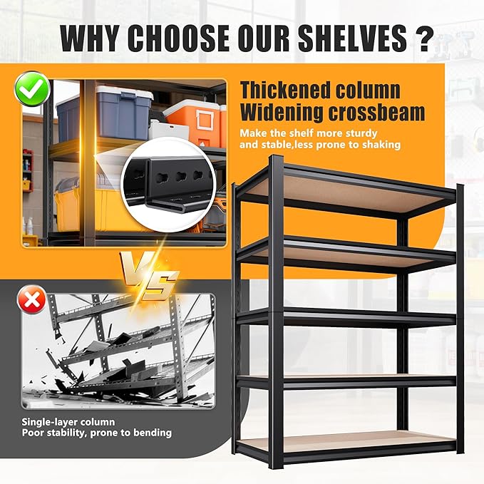 AOAORRG 35" H Garage Shelving Heavy Duty Storage Shelves, Metal Adjustable Shelving Unit, Utility Garage Organizer Shelf for Basement, Pantry, Kitchen, Warehouse, 15.7" Dx33.5 Wx35 H, Black
