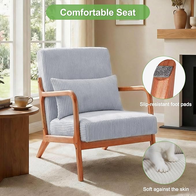 Set of 2 Mid Century Modern Accent Chair with Solid Rubberwood Frame, Comfy Corduroy Reading Armchair with Lumbar Pillow, Compact Lounge Chair for Bedroom, Nursery & Small Spaces, Light Grey