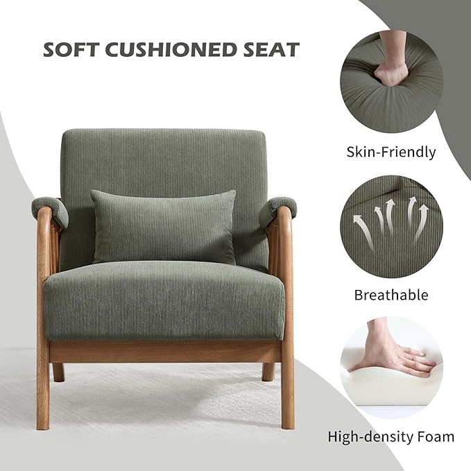 INZOY Accent Chairs Set of 2, Mid Century Modern Accent Chair with Wood Frame, Upholstered Reading Armchair with Corduroy Fabric, Accent Chair for Living Room Bedroom Apartment, Easy Assembly, Green