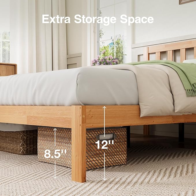 Novilla 12 Inch Queen Bed Frame with Headboard, Queen Size BedFrame with Headboard Classic Wooden Bed Frame Queen Size with Wood Slat Support, No Box Spring Needed, Easy Assembly, Natural Grain Wood