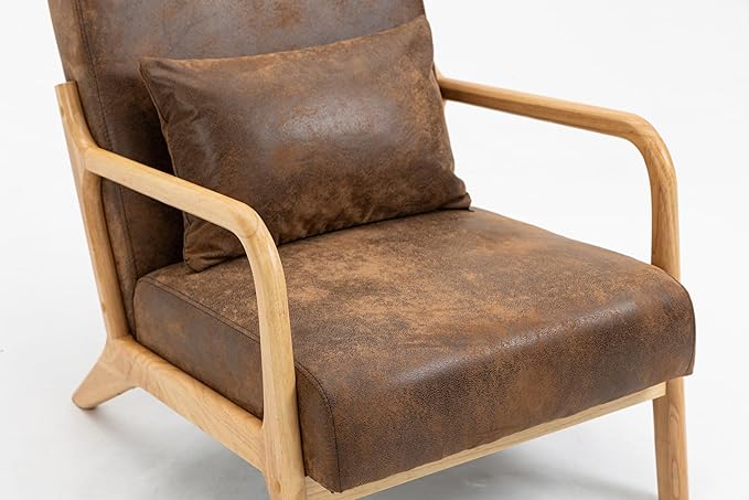 KEIKI Mid Century Modern Accent Chair Wood Frame, Cotton Linen Warm Lounge Armchair for Living Room Bedroom Reading Nook Small Space, Rustic Seat with Waist Cushion, Padded, Easy Setup, Antique Brown