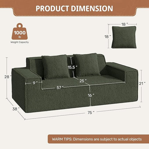 75'' Cloud Loveseat Sofa, No Assembly Required Comfy Deep Seat Couches 1 pcs for Living Room, Bedroom, Apartment(Teddy Fabric-Green)