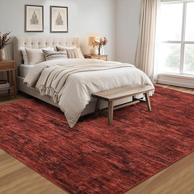 RUGSREAL 8x10 Washable Rug for Living Room Non-Slip Modern Abstract Area Rug Stain Resistant Large Bedroom Rug Contemporary Accent Throw Floor Carpet Solid Rug for Dining Room Home Decor, Red