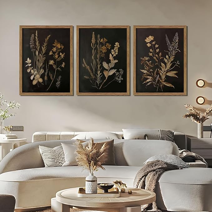 Framed Dark Botanical Wall Art Set of 3, Black Moody Floral Wall Decor Paintings, Dark Academia Decor, Vintage Flower Artwork Prints Pictures for Living Room Bedroom Bathroom 12x16 Inch
