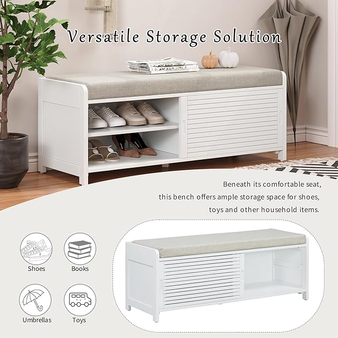 LUMISOL Shoe Bench with Storage and Cushion, Farmhouse Distressed Shutter Storage Bench with Retro Charm for Living Room, Entryway, White