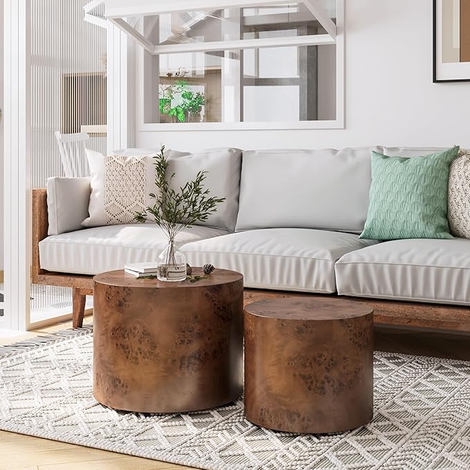 WILLIAMSPACE 18.9" Round Nesting Coffee Table Set of 2, Modern Wooden Coffee Tables Small Circle Center Table for Living Room, Accent End Table Set, No Assembling (Brown Burl)