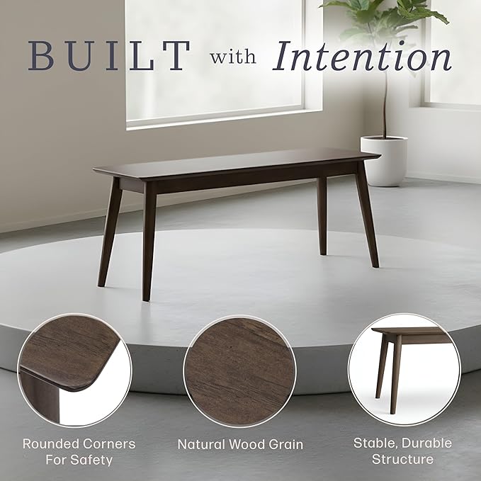 Alaterre Furniture Calais Dining – Mid Century Modern 46-Inch Solid Wood Dining Bench – Entryway Bench with Minimalist Design for Entryway, Dining Room, Kitchen, or Bedroom (Warm Walnut Finish)