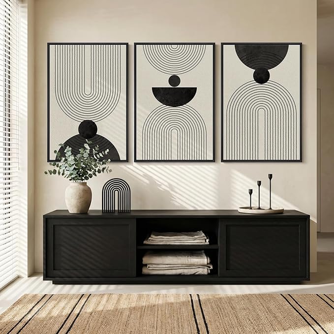 Large Framed Boho Abstract Wall Art for Living Room, 3 Piece Black and White Modern Minimalist Canvas Artwork for Walls, Bauhaus Geometric Prints Wall Decor for Bedroom Dining Room Office, 24x36 Inch