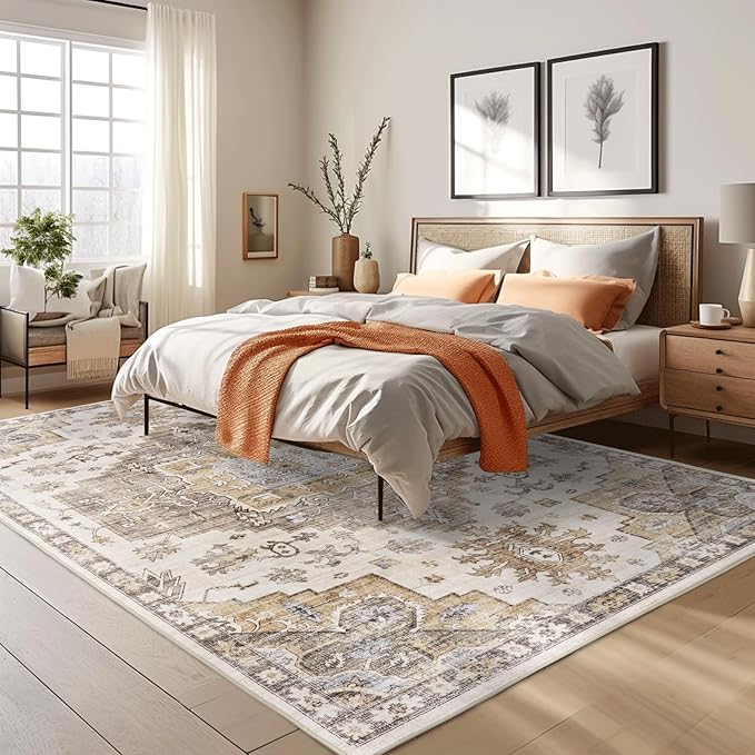 befbee 8x10 Area Rugs for Living Room, Stain Resistant Neutral Washable Rugs for Dining Rooms, Floral Vintage Non-Slip Thin Large Size Area Rug(Brown)