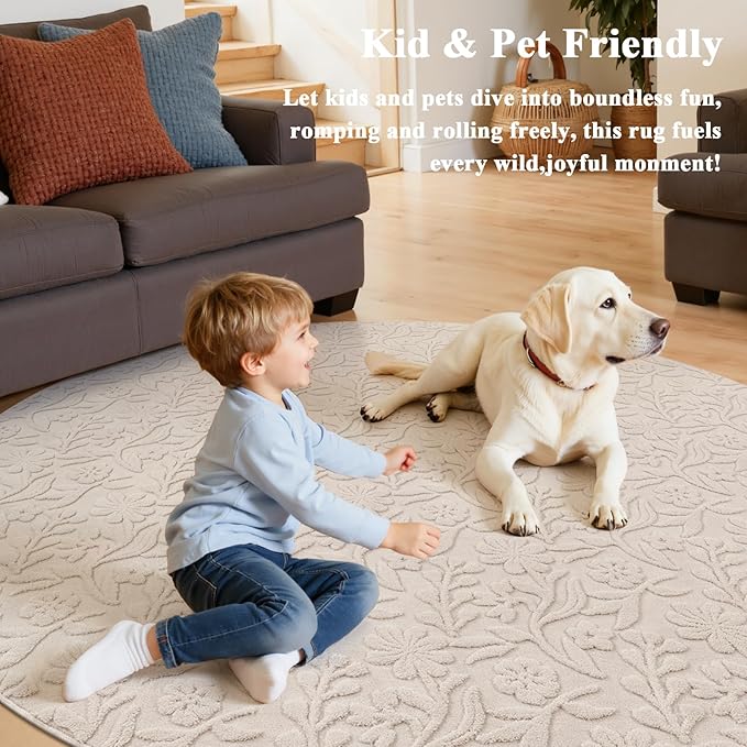Vaukki Round Rug for Living Room, Soft Fluffy Washable Modern Floral Indoor Floor Mat, Non Slip Shaggy Boho Accent Throw Carpet for Bedroom, Living Room, Nursery and Dining Room, Beige, Round-5Ft