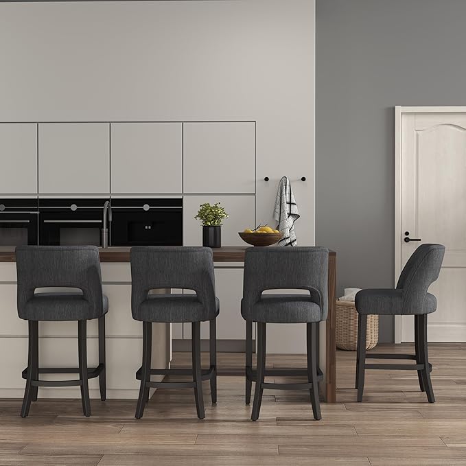 VKNOW Bar Stools Set of 2, 26" Upholstered Counter Height Bar Stools, Modern Counter Stools with Black Legs for Kitchen Island Dining Room Bar, Dark Grey-Black Legs