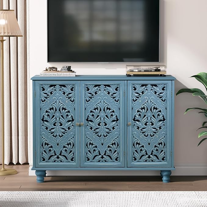 JOINICE Accent Cabinet with 3 Carved Doors, Distressed Blue Sideboard Buffet with Storage & Solid Wood Legs, 43" Vintage Console Table for Living Room, Entryway, Coffee Bar, Hallway
