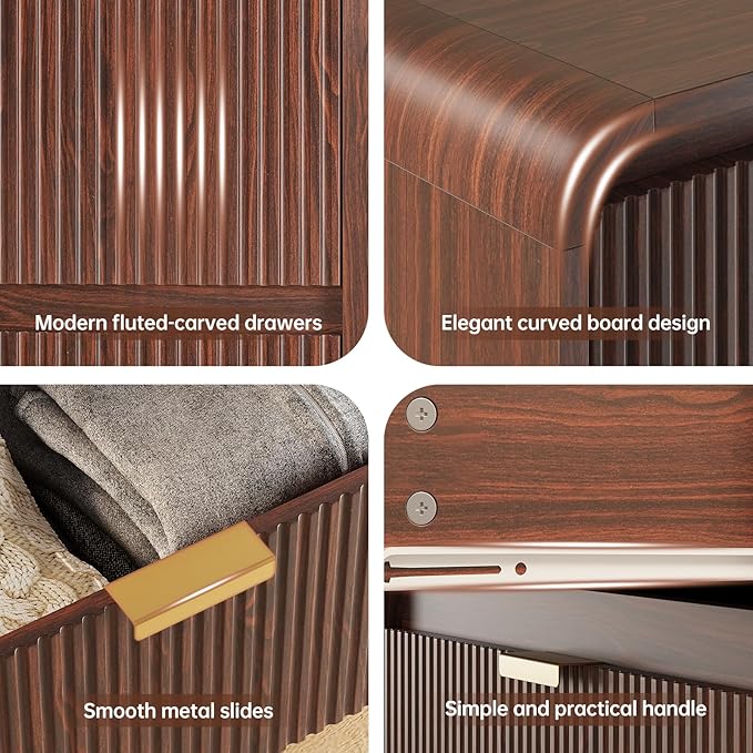 FURSUN Fluted 6 Drawers Dresser for Bedroom, 54" Wide Wooden Dresser with Metal Handle, Curved Profile Design, Modern Storage Organizer for Bedroom, Living Room, Hallway, Dark Walnut