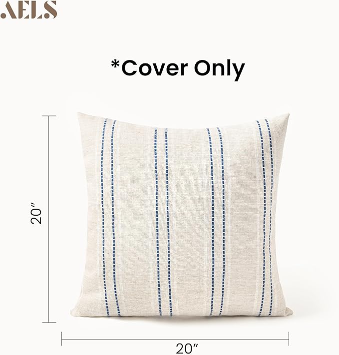 AELS 18x18 Decorative Farmhouse Linen Blend Throw Pillow Covers, Boho Textured Pillow Case, Set of 2,Beige with White & Navy Blue Stitch Yarn Dyed Stripe Cushion Cover for Sofa Living Room(Cover ONLY)
