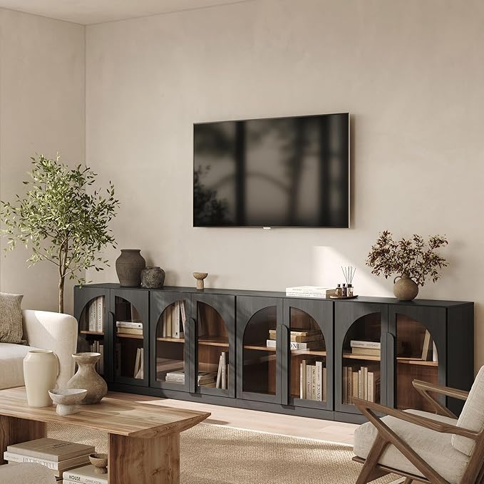 BELLEZE 4-Piece Modular TV Stand Set,Modern Entertainment Center with Arched Glass Door,Sideboards with Adjustable Shelves & Wide Wooden Handle,Classic Media Console Cabinet for Living Room(Ebony)
