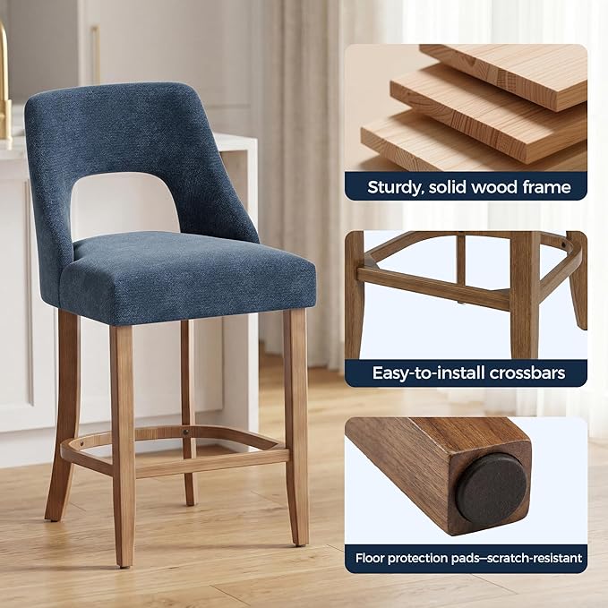 UVV Bar Stools Set of 6, Upholstered Counter Height Bar Stools, Modern Counter Stools with Wood Legs for Kitchen Island Dining Room Bar, Navy Blue