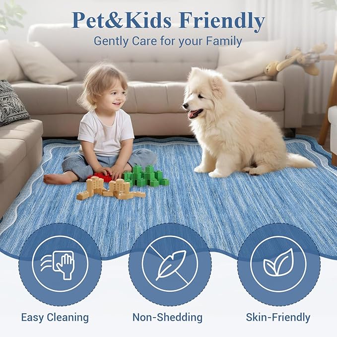 Garvee Scalloped 10x13 Area Rugs for Living Room Large Washable Rugs,Neutral Solid Rug Stain Resistant Non Slip Floor Mat Carpet Indoor Accent Rug for Bedroom Dining Room Playroom Home Decor,Blue