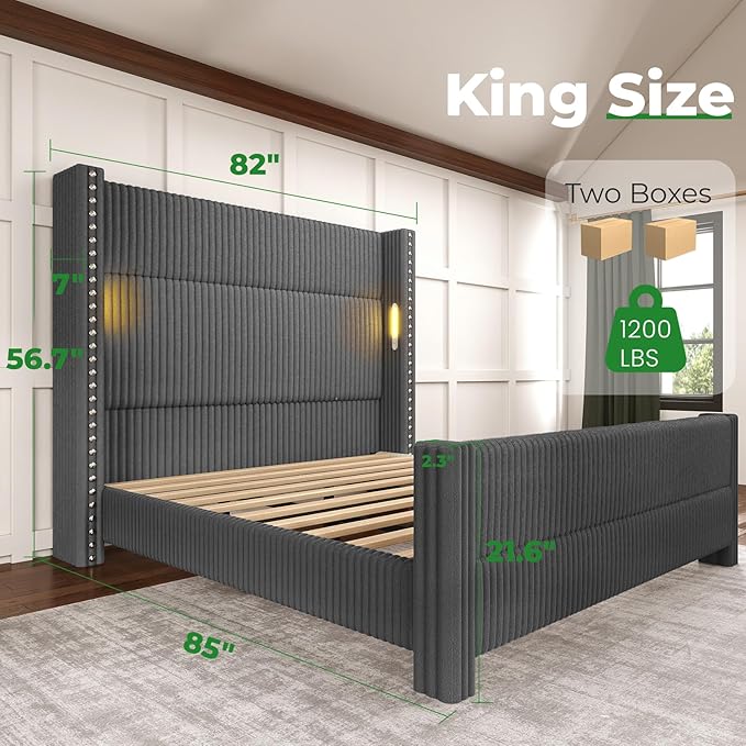 King Bed Frame with 56.7" Tall Headboard & Reading Lights, Corduroy Upholstered Wingback Platform Bed with Charging Station, Modern Retro Design, Noise Free, No Box Spring Required, Grey