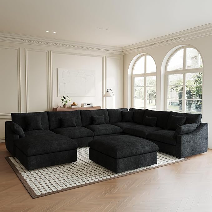 Modular Sectional Sofa Cloud Couch, Oversized 8 Seater Couch with Ottomans, Extra Large V Shaped Sofas Deep Seat Couches for Living Room, Sofa Covers Washable&Removable, Black