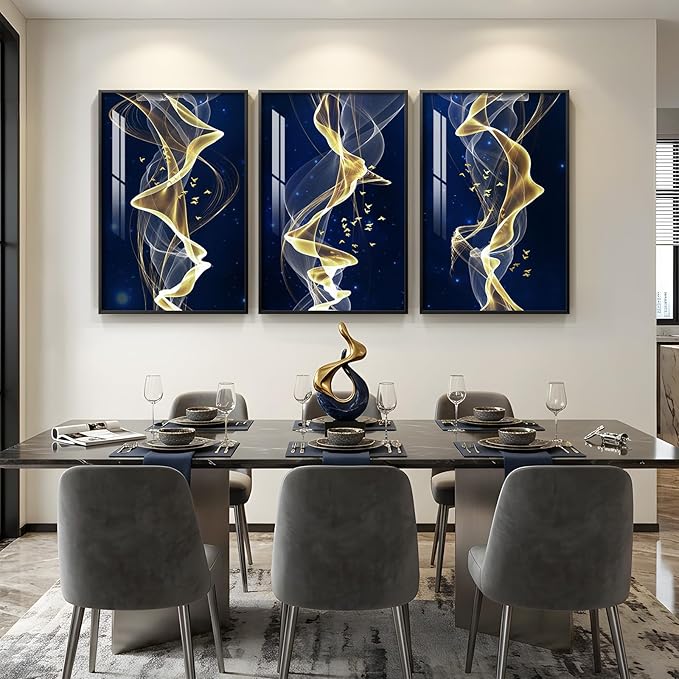 Large Framed Modern Blue and Gold Wall Art for Living Room, 3 Piece Abstract Artwork for Walls, Contemporary Luxury Line Pictures Prints Paintings for Hallway Dining Room Office 24x36 Inch