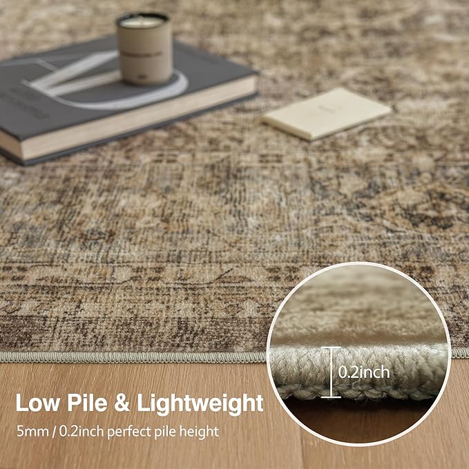FMFUNCTEX 4ft Round Washable Area Rug Brown Vintage Neutral Distressed Small Non Slip Carpet for Living Room Bedroom Soft Low Pile Indoor Mat Retro Floral Throw Rug for Dining Room Kitchen Office