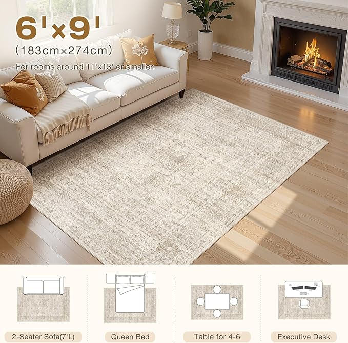 Nakagishi 6x9 Area Rugs Living Room: Washable Large Vintage Rug Neutral Non-Slip Soft Stain Resistant Indoor Carpet for Bedroom Nursery Dining Room Office Playroom - Beige Gray