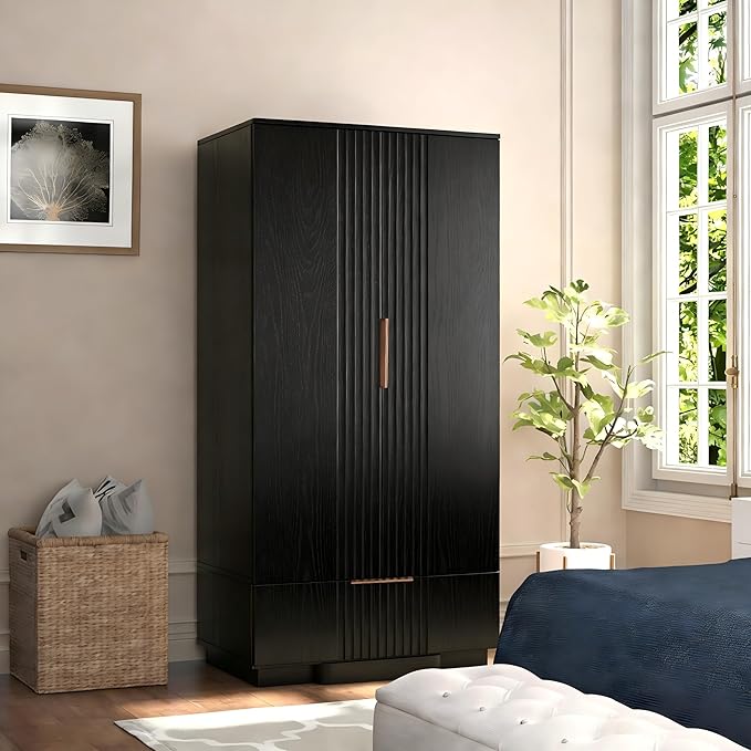 Brafab 67" Fluted Armoire Wardrobe Closet with Drawers and Doors, Wooden Wardrobe Cabinet with Adjustable Shelves, Modern Storage for Clothes, Dream Wardrobe Wall for Bedroom, Black(3 pcs)