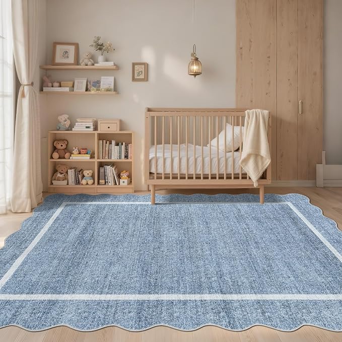 GarveeHome Scalloped Washable Rug 4x6, Blue Boho Living Room Area Rug, Bordered Non-Slip Farmhouse Bedroom Carpet Dorm Room Throw Rug, Low Pile Soft Accent Mat for Kitchen Entry Office 4 ft x6 ft Blue