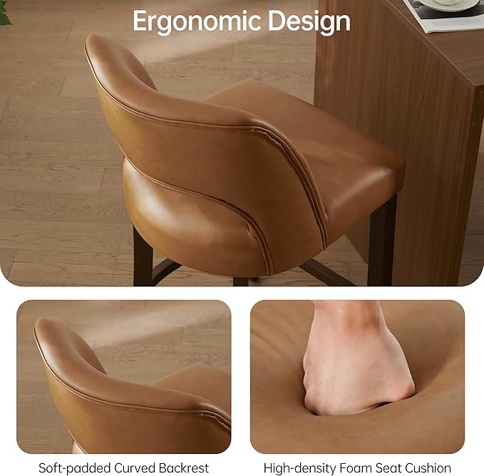 VKNOW 26" Bar Stools Set of 2, Faux Leather Counter Height Bar Stools with Backrest and Rubberwood Legs, Upholstered Barstools for Kitchen Island, Bar and Dining Room, Brown
