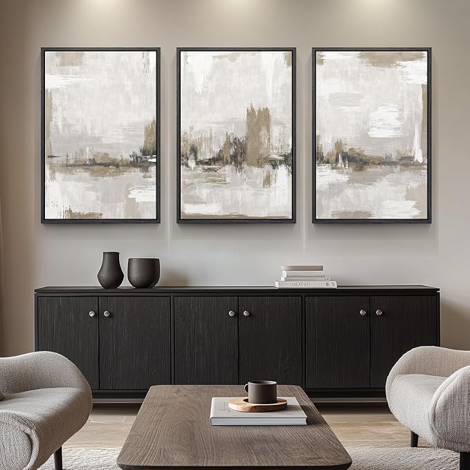 Large Framed Neutral Abstract Wall Art for Living Room, 3 Piece Modern Beige Brown Canvas Artworks, Minimalist Painting Prints for Entryway Hallway Home Office Wall Decor, 24x36 In