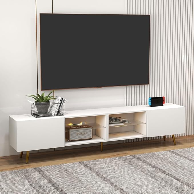 Bonzy Home 86" LED TV Stand, Modern Entertainment Center up to 75" 80" 85" TV, Television Console Table with Storage Cabinets for Living Room, White