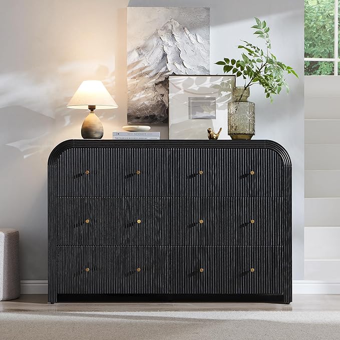 T4TREAM Fluted 6 Drawers Dresser for Bedroom, 54" Wide Modern Chest of Drawers with Thickened Curved Profile Design, Wood Dressers TV Stand for Bedroom, Living Room, Hallway, Black Oak