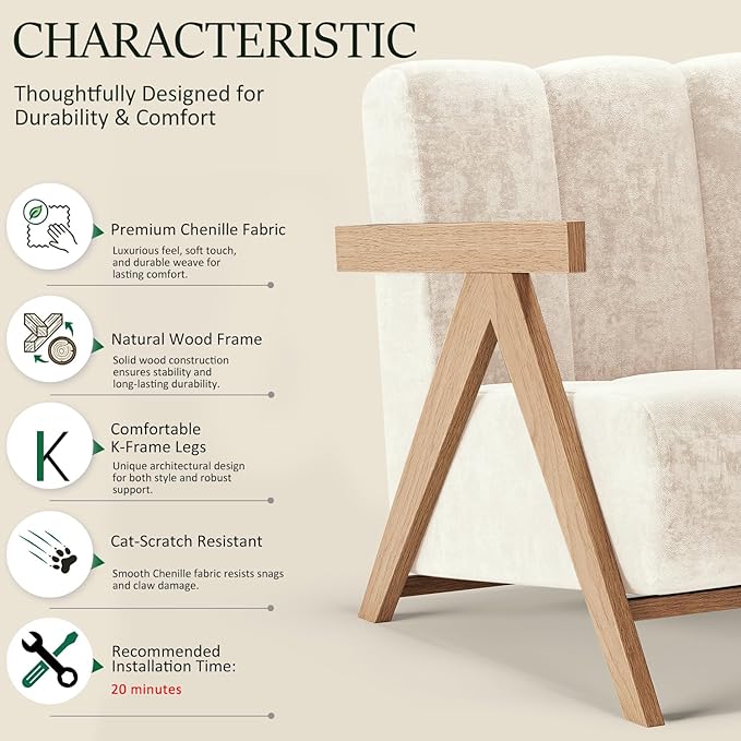 Modern Accent Chair Set of 2 for Living Room Bedroom,Comfy Chenille Reading Chair with Wood Frame,Upholstered Lounge Armchair with Thick High-Elastic Sponge for Apartment & Waiting Room(White,2)