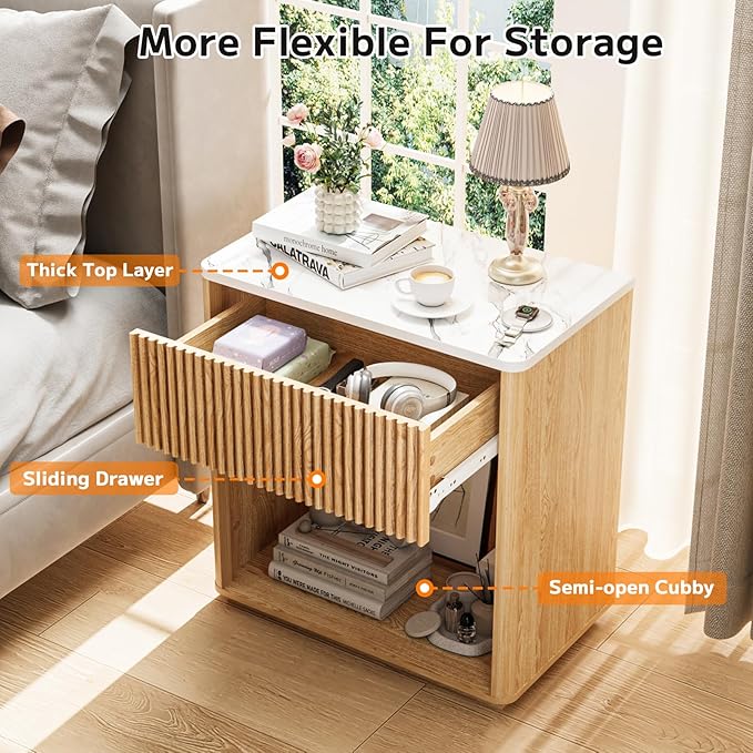 Modern Fluted Nightstand Set of 2 for Bedroom, Mid Century Bedside Table Set with Marble Top & Drawer, Wood End Table, 2 Farmhouse Night Stands for Guest Room, Hallway, Oak