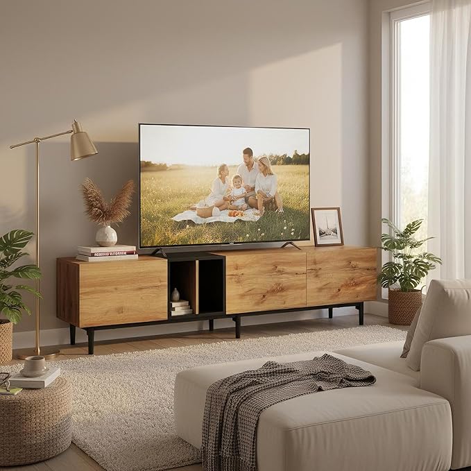 Virubi Modern 76.8" TV Stand for TVs Up to 80", Wooden Entertainment Center with 3 Cabinets & Open Shelves, Media Console with Storage for Living Room, Bedroom & Entertainment Spaces