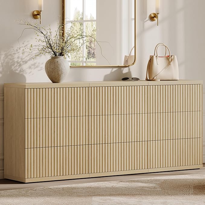 SICOTAS Fluted Buffet Cabinet with Storage, Modern Sideboard Credenza with Larger Drawers, Mid Century Coffee Bar Table Media Console Accent Table for Dining Room Kitchen Hallway (3 PCS)