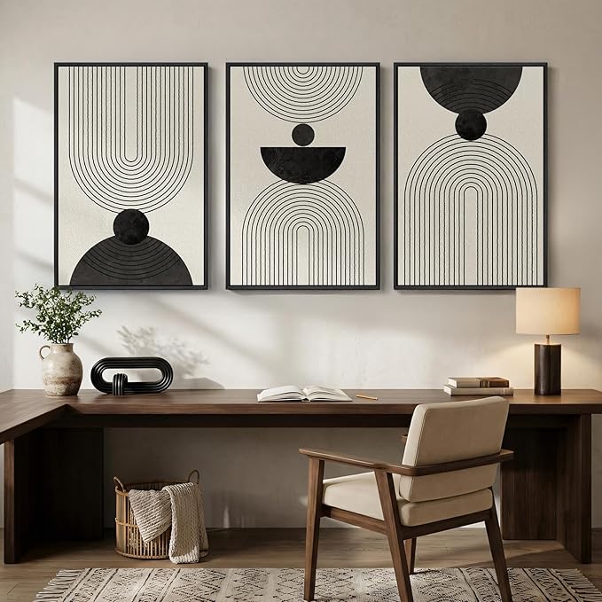 Large Framed Boho Abstract Wall Art for Living Room, 3 Piece Black and White Modern Minimalist Canvas Artwork for Walls, Bauhaus Geometric Prints Wall Decor for Bedroom Dining Room Office, 24x36 Inch