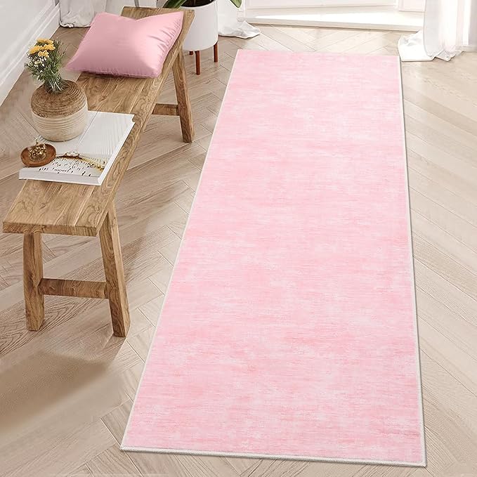 RUGSREAL 2x6 Runner Rug Washable Kitchen Runner Rug Modern Abstract Runner Mat for Hallway Contemporary Solid Rug Non-Slip Foldable Aesthetic Accent Floor Carpet for Living Room Bedroom, Pink