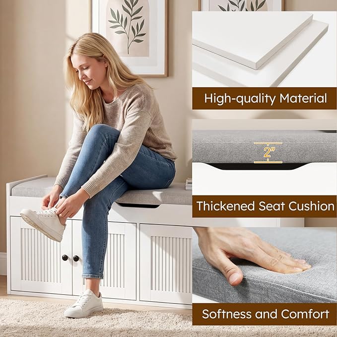 47.2" Storage Bench - Entryway Shoe Bench with 4 Doors and Top Storage Area, Multifunctional Entryway Bench with Lift Top Cushion, Shoe Storage Bench for Bedroom, Living Room, White