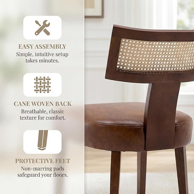HNY Mid Century Modern Rattan Dining Chairs Set of 4, Farmhouse PU Leather Upholstered Accent Chair Curved Backrest Kitchen Chairs, with Hardwood Frame, Brown