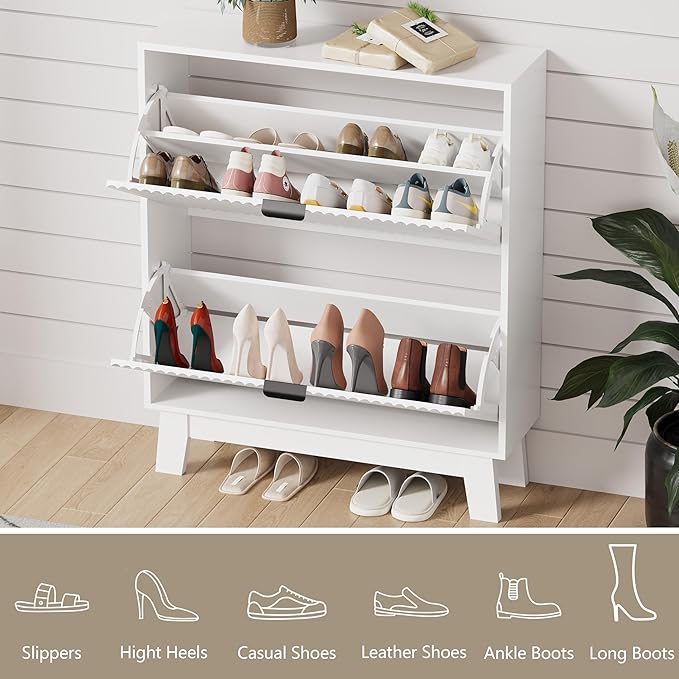 HUANLEGO Shoe Cabinet Storage for Entryway with 2 Flip Drawers, Fluted Narrow Shoe Organizer with Wooden Legs, Freestanding Slim Shoe Storage Hidden Shoe Rack Organizer for Front Door Entrance, White