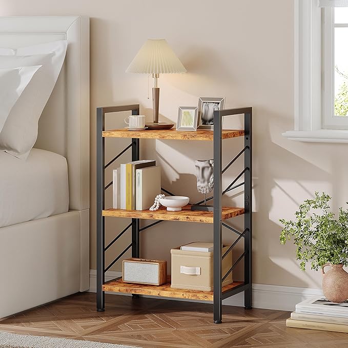 DurayLoly 2 Pieces Book Shelf, 3 Tier Industrial Bookcase with Metal Frame and Sidebars, Small Bookshelf for Living Room, Bedroom, Home Office, Rustic Brown
