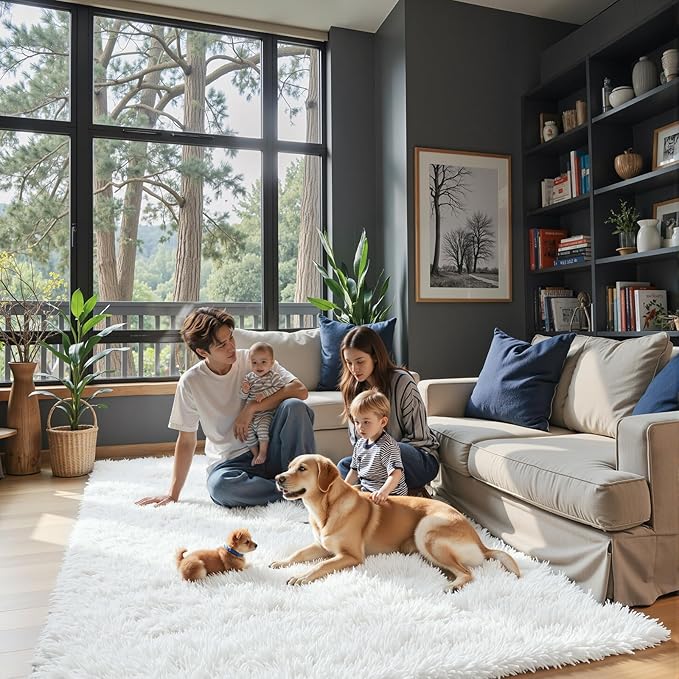 Area Rugs 9x12 Living Room, White Large Area Rug Shag Shaggy Carpet Soft Plush Furry Bedside Rug, Machine Washable Area Rugs for Bedroom Kids Girls Boys Home Decor Anti Slip(9 x 12, White)