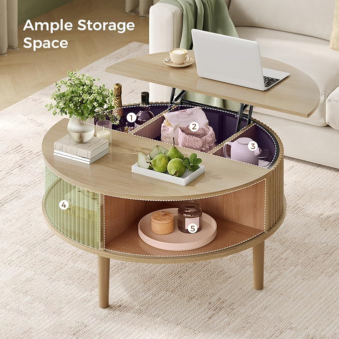 Round Lift Top Coffee Table, Modern Coffee Table with 180° Curved Sliding Door, Fluted Accent Coffee Tables with Hidden Storage and Open Shelves, for Living Room, Office, Oak