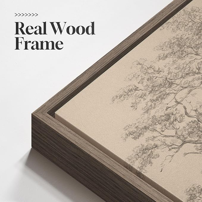 Large Vintage Framed Neutral Landscape Wall Art for Living Rooms, 3 Piece Retro Big Tree Sketch Botanical Forest Antique Canvas Artwork Set, Rustic Nature Wabi Sabi Art Prints for Hallway Home Office 24x36 Inch