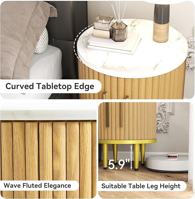 Fluted Nightstand Set of 2, Small Modern Side Table with Faux Marble Top and Metal Handle, Boho Bedside End Table with Sliding Door and Curved Corners for Bedroom,Living Room, Natural Oak
