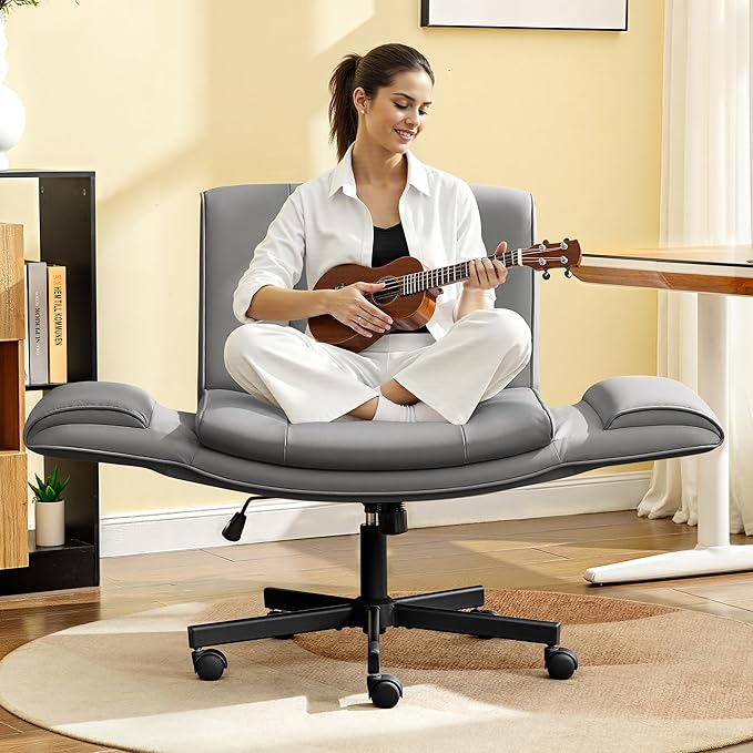 HeroSet Criss Cross Chair with Wheels & Armrests,Comfy Wide Vanity Chair,Scratch-Resistant Pu Leather Cross Legged Desk Chair,Height Adjustable Computer Office Desk Chairs for Home,Makeup,Bedroom